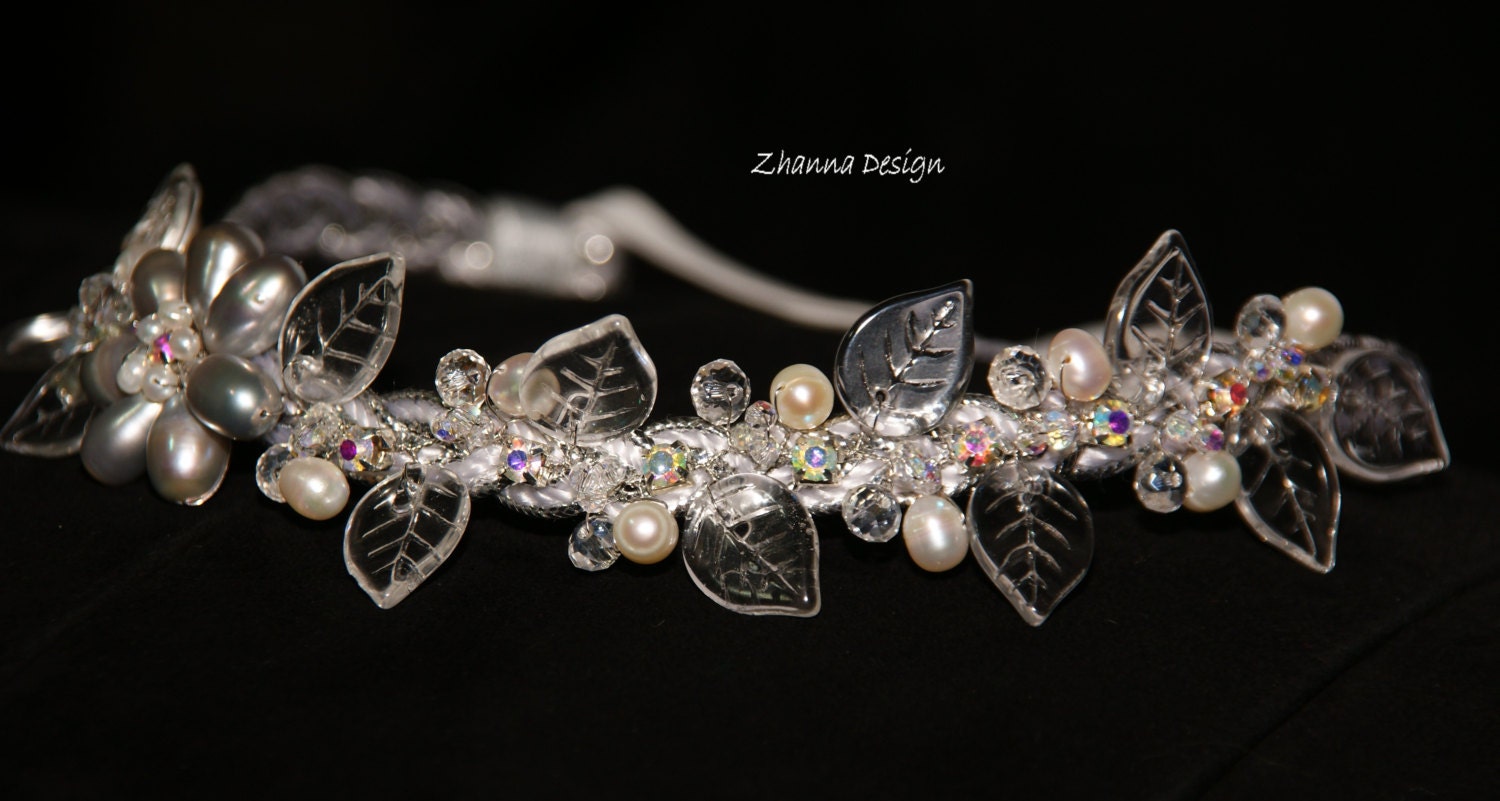 Silver bridal headpiece with white,grey freshwater pearls and crystals,rhinestone hair accessories,tiara headband handmade by Zhanna Design.