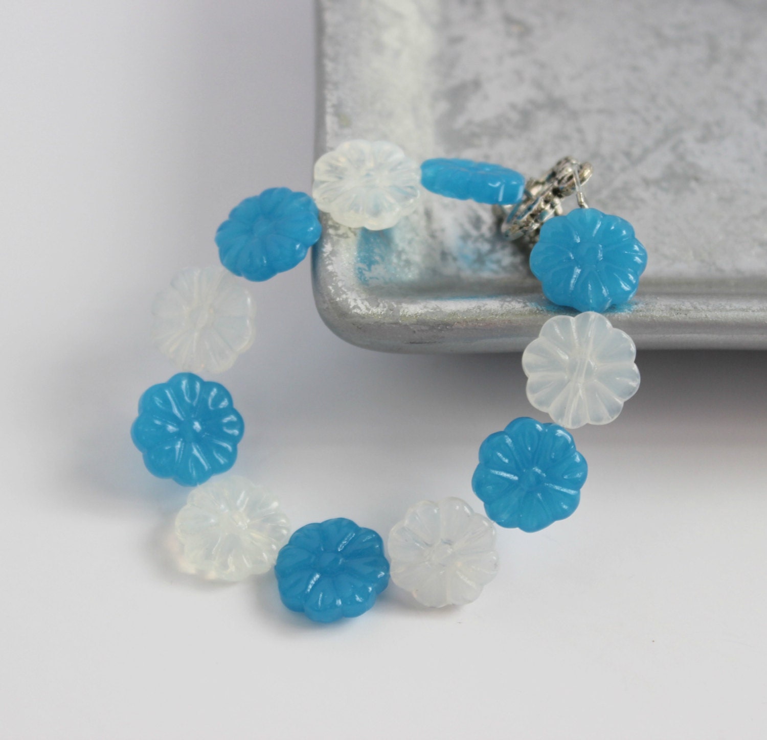 Blue and Opaque White Beaded Flower Bracelet - Handmade Jewelry - OOAK - Ready to Ship