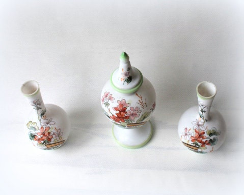 set of three white 1920 milk glass hand painted vases with a art nouveau style- floral design- Shabby Chic- hand painted