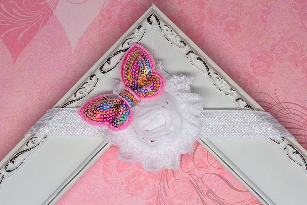 Baby Headband "White Rosette with Pink Butterfly" Newborn, Infant, Baby girl, Toddler, Adult, Hair Bow, Flower