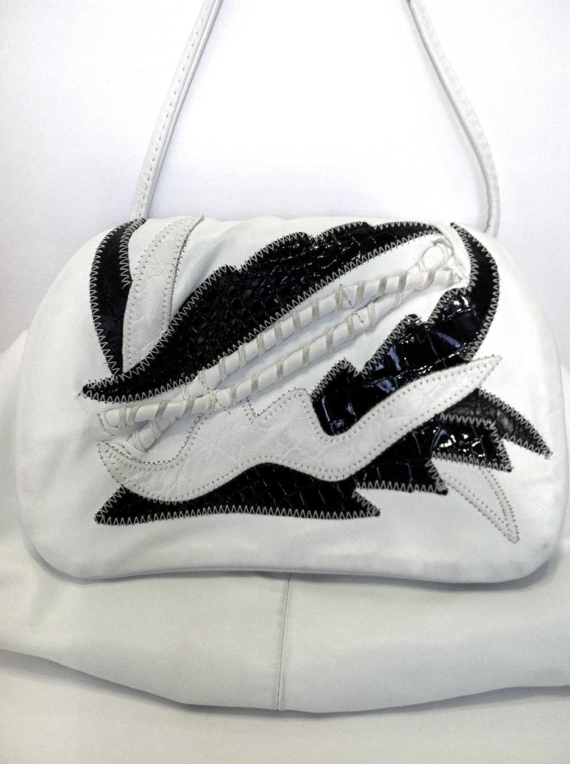 REDUCED PRICE Vintage 1980's White and Black Faux Leather / Vinyl Patchwork Purse Handbag Clutch