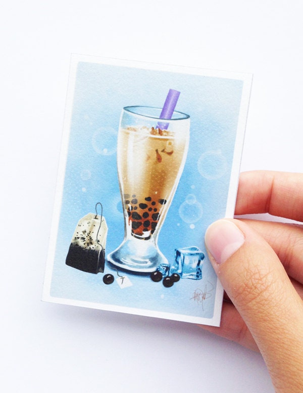 Boba milk tea - ACEO archival print - painting of bubble tea - beverage art
