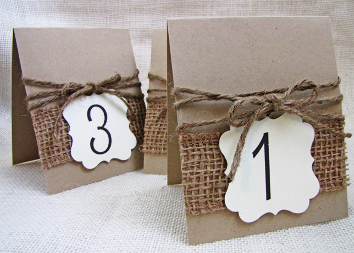 Rustic Burlap and Jute Twine Wedding Party Table Numbers Set of 10
