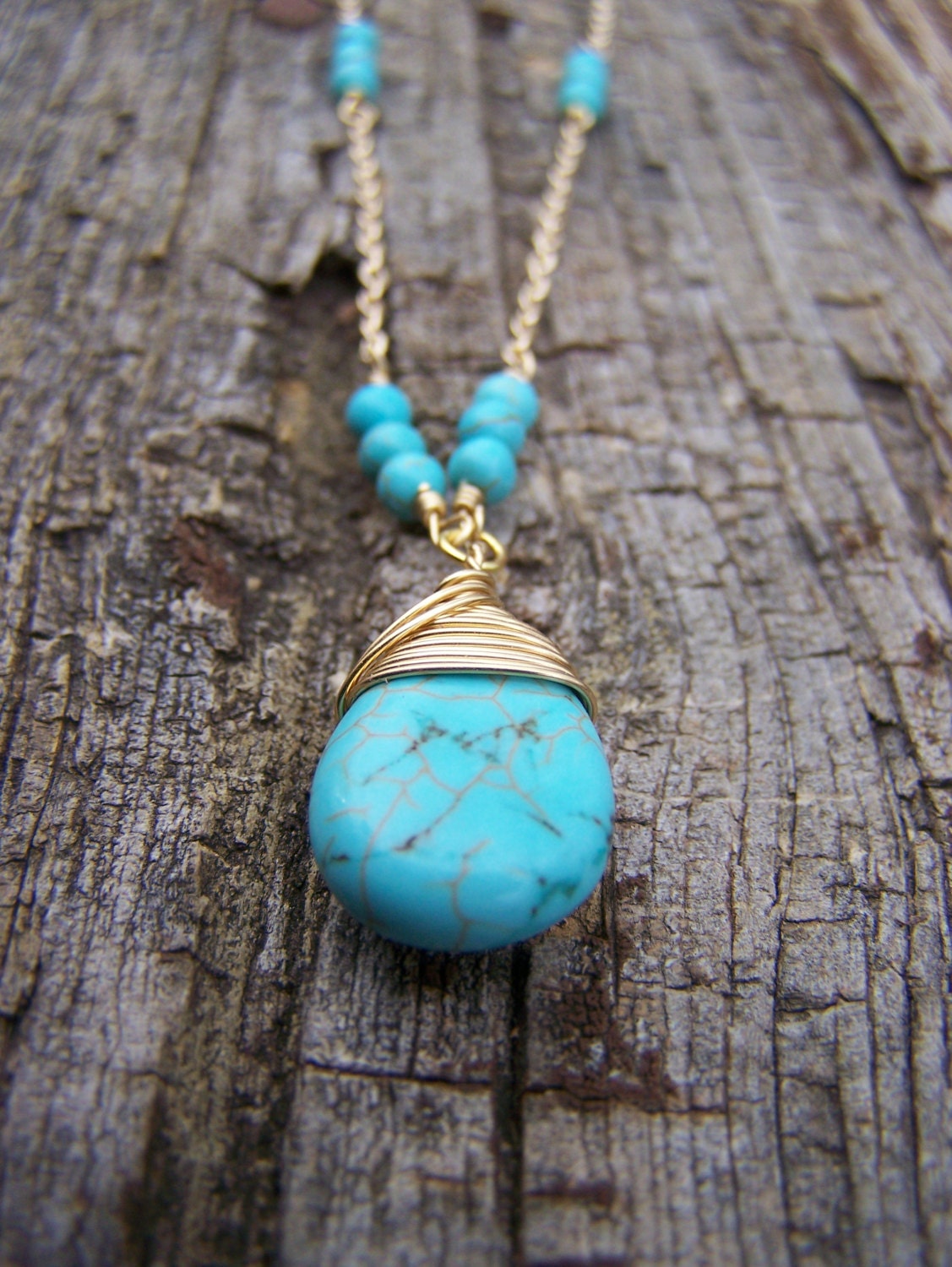 Wire Wrapped Turquoise Teardrop Briolette 14k Gold Filled Long Necklace / Gift for Her