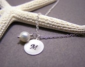 On Sale - Dainty Sterling Silver Stamped Initial Monogrammed Freshwater Pearl Necklace / Gift for Her