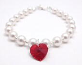 Swarovski Pearl bracelet with red Swarovski Crystal heart - Valentines Day, Anniversary gift, Bridesmaids Bracelet or Wedding Jewellery