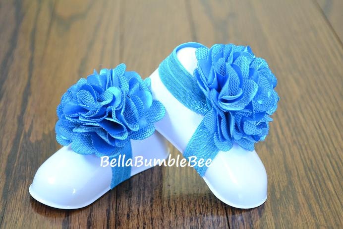 TURQUOISE Baby Barefoot Shabby Flower Sandals, Newborn, Infant Toddler Girls Shoes, Teal Booties, Bottomless Socks Light Blue Sandles