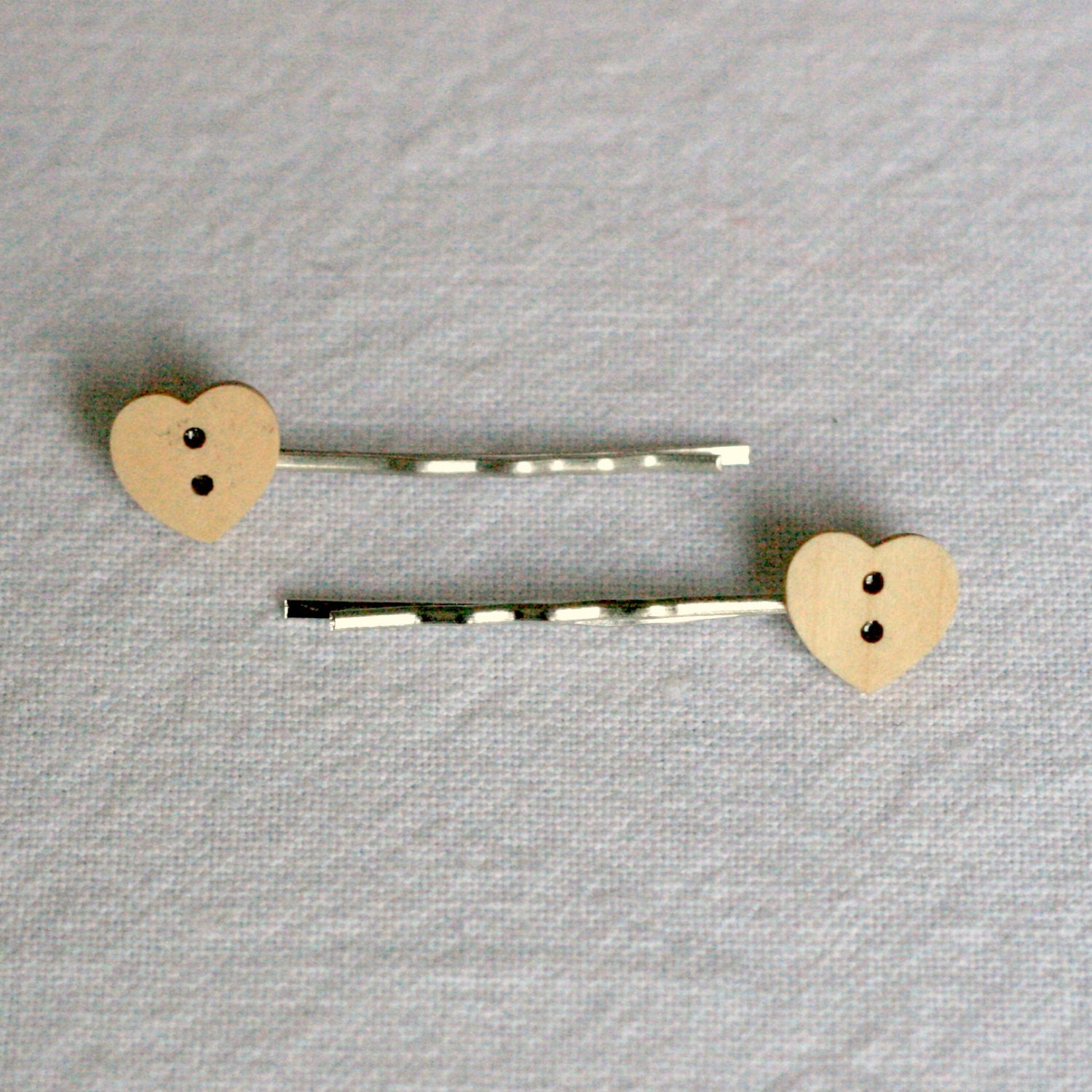 Wooden Love Heart Button Hairslides / Hairclips