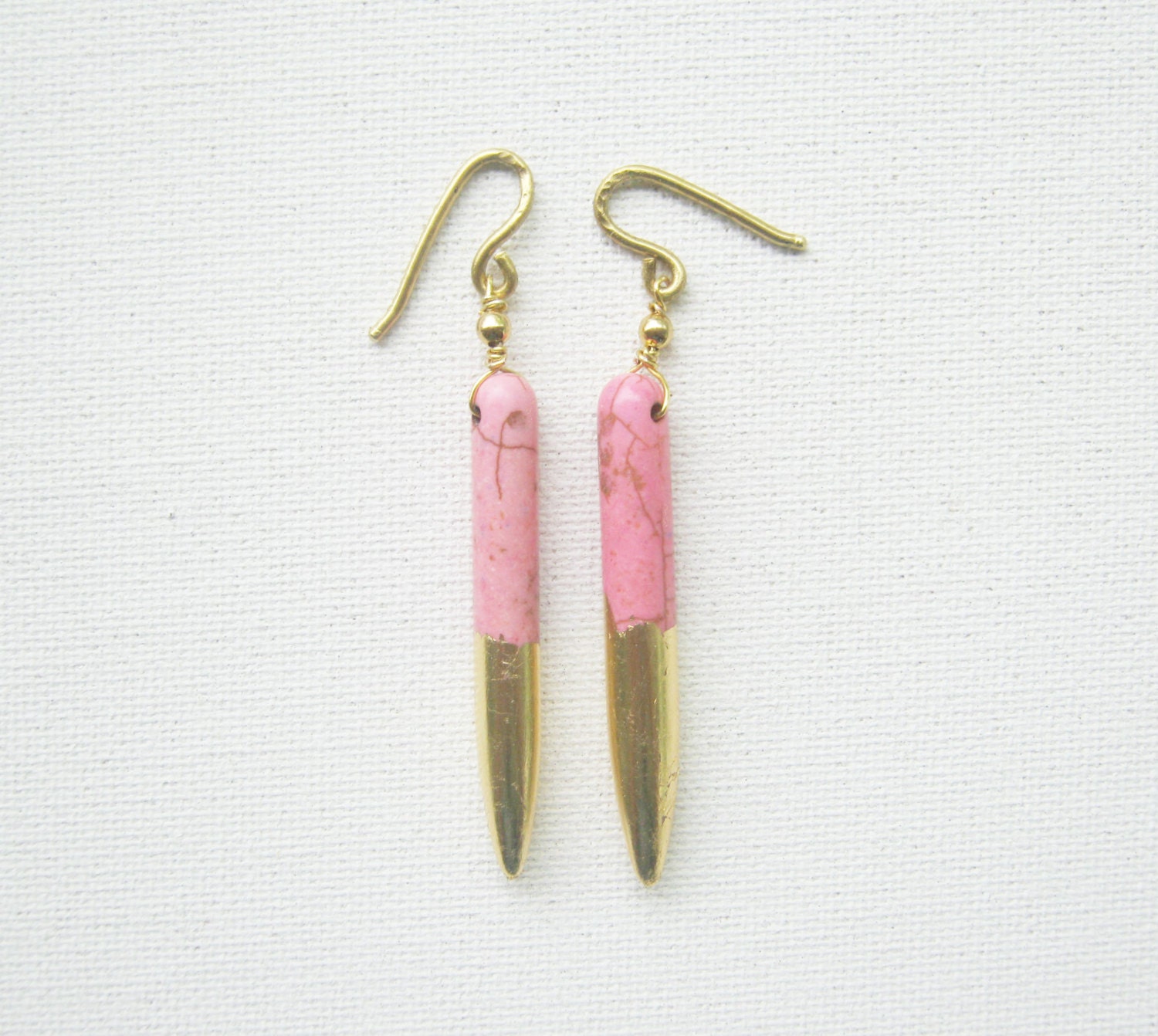 Pink Turquoise Spike Earrings Dipped in Gold