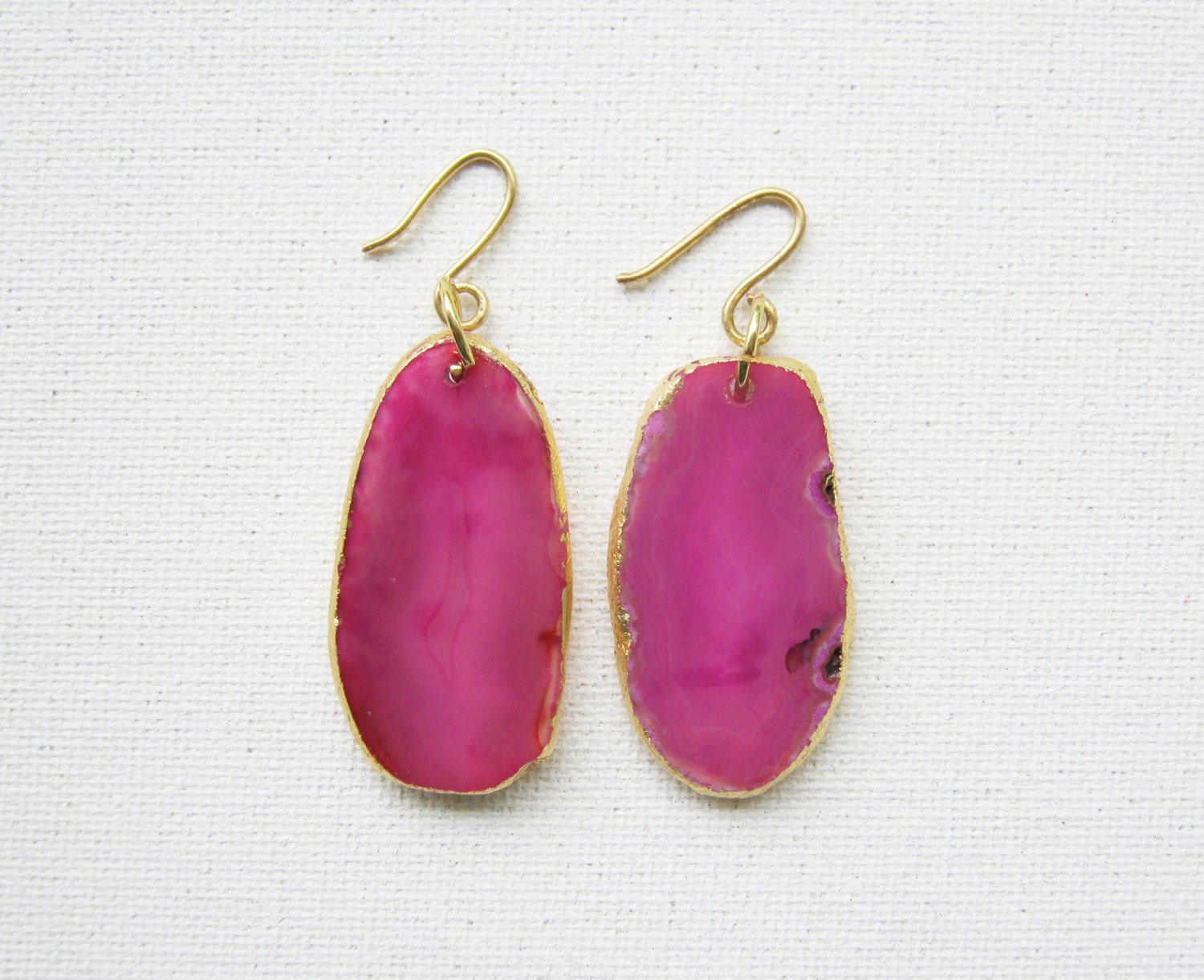 Pink Semi Precious Quartz Slice Gold Edge Drop Earrings