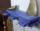 Jewelry Hanger Organizer Stacked Wood Burnt Blue Distressed