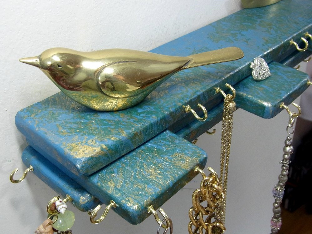 Jewelry Hanger Organizer Stacked Wood Turquoise Marbled With Gold and Green