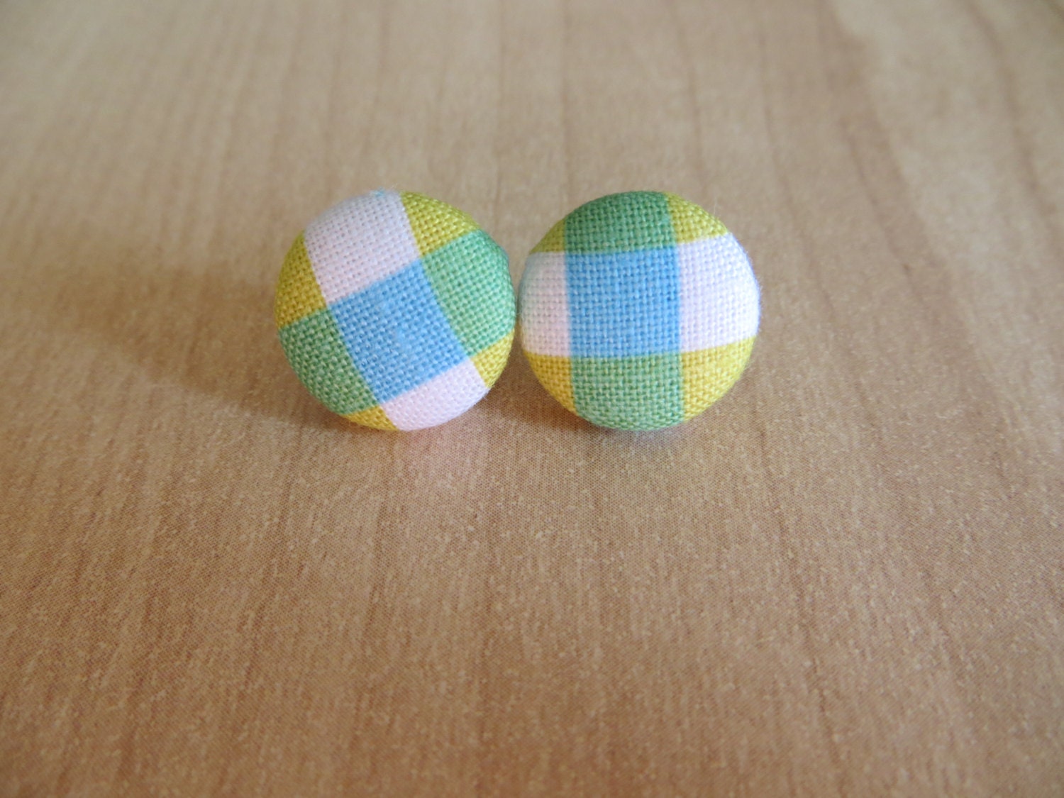 Fabric Button Earrings, Gingham, Stud Earrings, Blue and Green Color, Button Earrings-Made to Order
