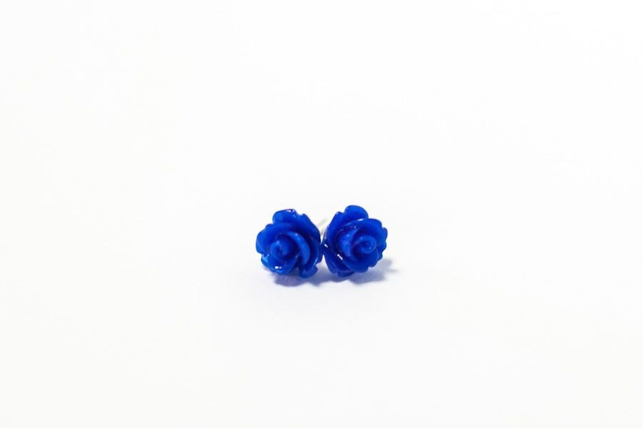 Resin Flower Cabochon Earrings - 10mm Rose -Royal Blue-Made to Order