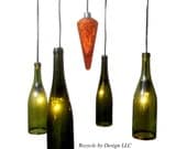 Upcycled Four Green Wine Bottle Chandaler with A lighted Red Center Pendant