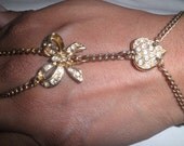 Gold Heart and Bow Beaded Slave Cuff Bracelet with Gold Metal Chain Ring Hand Fashion Jewelry