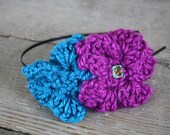 Purple, Royal blue headband, rhinestone, Crochet flower, womens hair accessory, flower headband