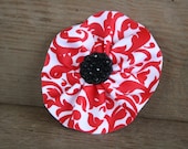 Red, white Paisley hairclip, Grosgrain ribbon, hair accessory, ribbon hair clip,pinwheel flower, broach. childens hair accessory, pin