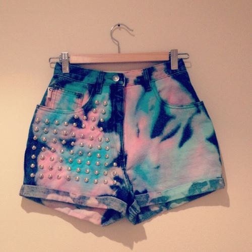 Pastel bleached tie dye high waisted vintage studded denim shorts