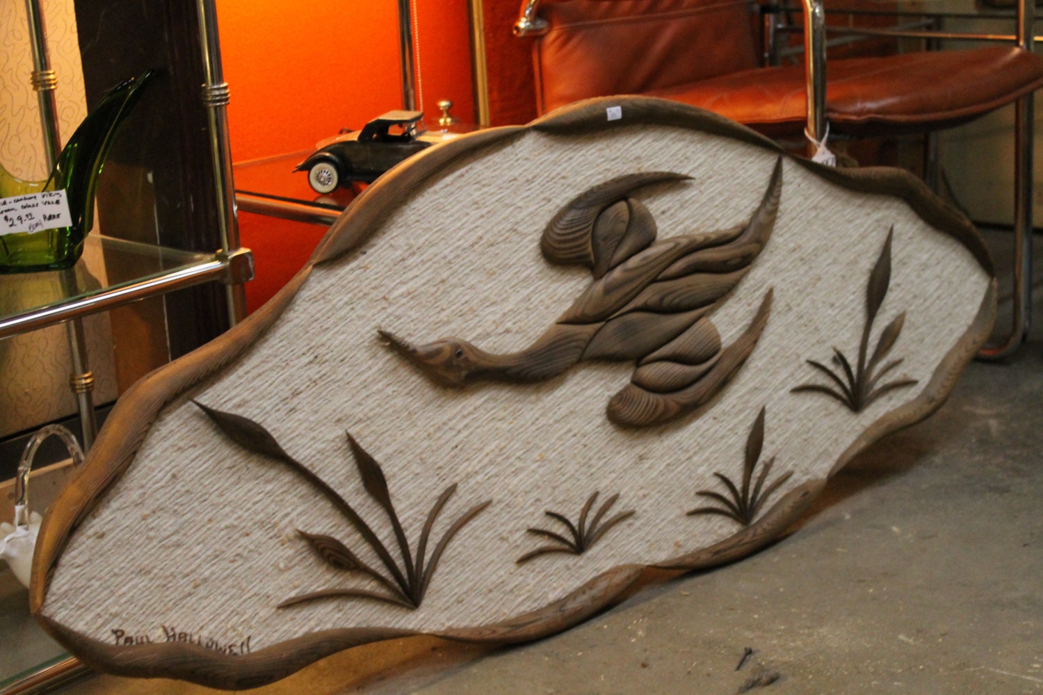 Vintage Goose Bird Wood and Fiber Art Wall Hanging