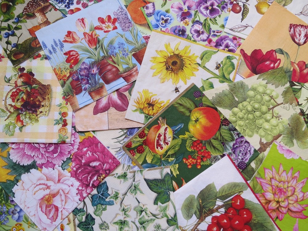 20 Assorted Paper Napkins for Decoupage, Mixed Media, Scrapbooking, Collage, Altered Art, Destash Lot