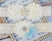 Something Blue Ivory Bridal Garter and Toss Garter - Cream Blue Wedding Garter Set - Lace Bridal Garter
