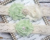 Mint Green and Ivory Bridal Garter and Toss Garter - Mint Wedding Garter Set - Ivory Stretch Lace