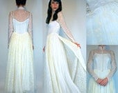 VTG 30s 40s Wedding Gown wwii bridal titanic Lace Sheer dress victorian high neck long sleeve floral point cuff basque bohemian white cream