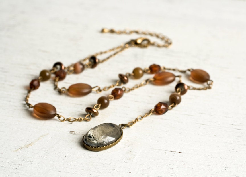 Amber and Glass Necklace, Hand Silvered Glass Pendant Jewelry, Modern Jewelry, Boho Fashion Jewelry