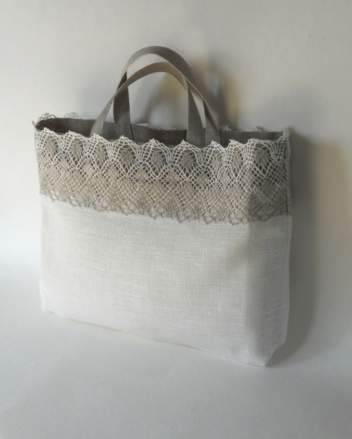 Linen tote bag ivory gray linen and lace custom made bridal tote ...