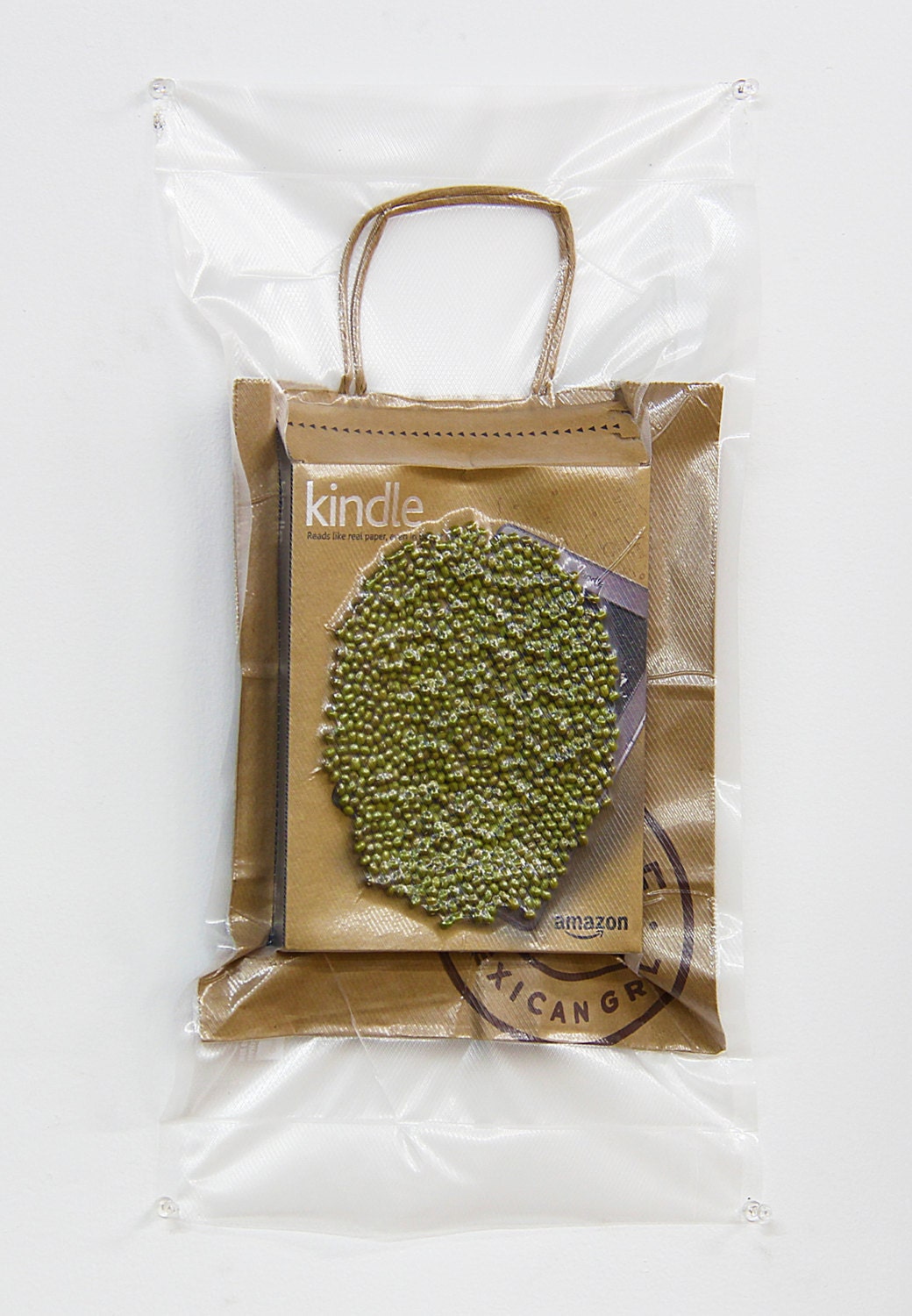 vacuum sealed CHIPOTLE bag and AMAZON KINDLE with non genetically modified Lentils from Whole Foods (Very wonderful texture to the touch)