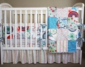 BABY BEDDING Set, Boy or Girl, Patchwork Crib Quilt, Sheet, Ruffled Skirt, and Bumper, Fabric "Wrenly" by Valorie Wells, NATURAL, Handmade