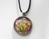 Original Art Necklace "Rosemaling Daisies" - Tiny Watercolour Painting