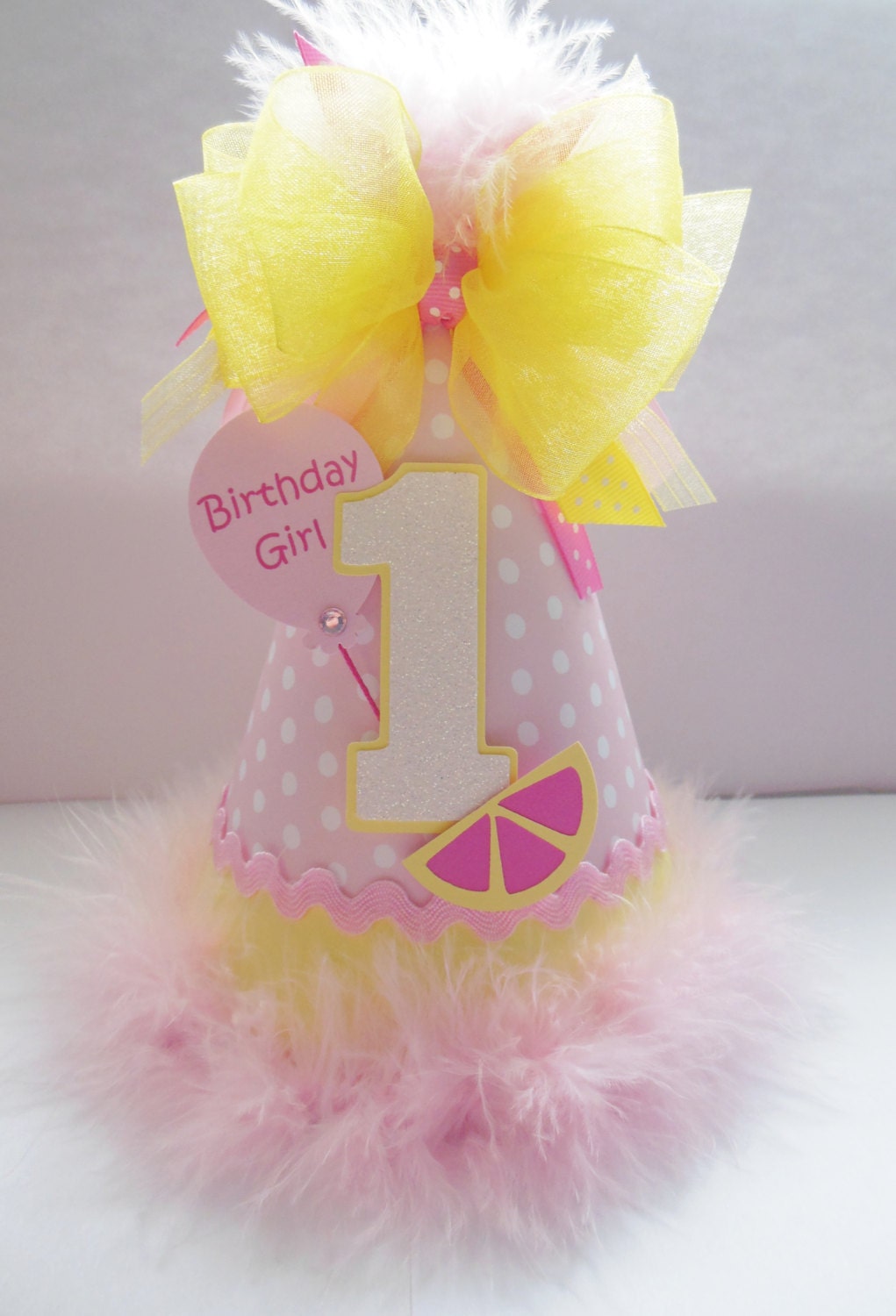 Polka Dot Pink Lemonade Birthday Party Hat -Pink and Yellow - Personalized Il_170x135