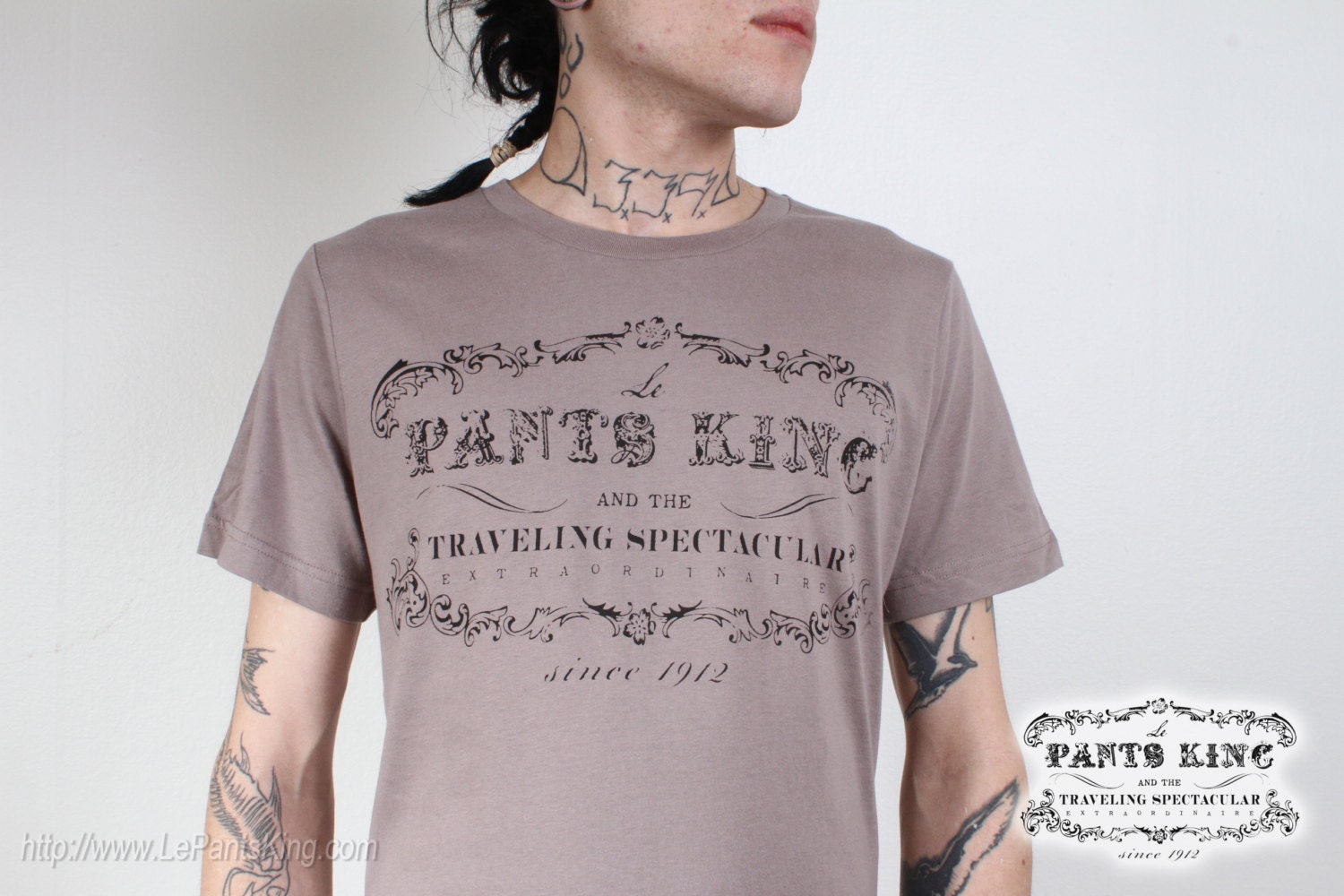 Mens Winter Sideshow Le Pants King Handprinted Tshirt Pebble Gray / Grey Sizes S, M, L Mens Unisex
