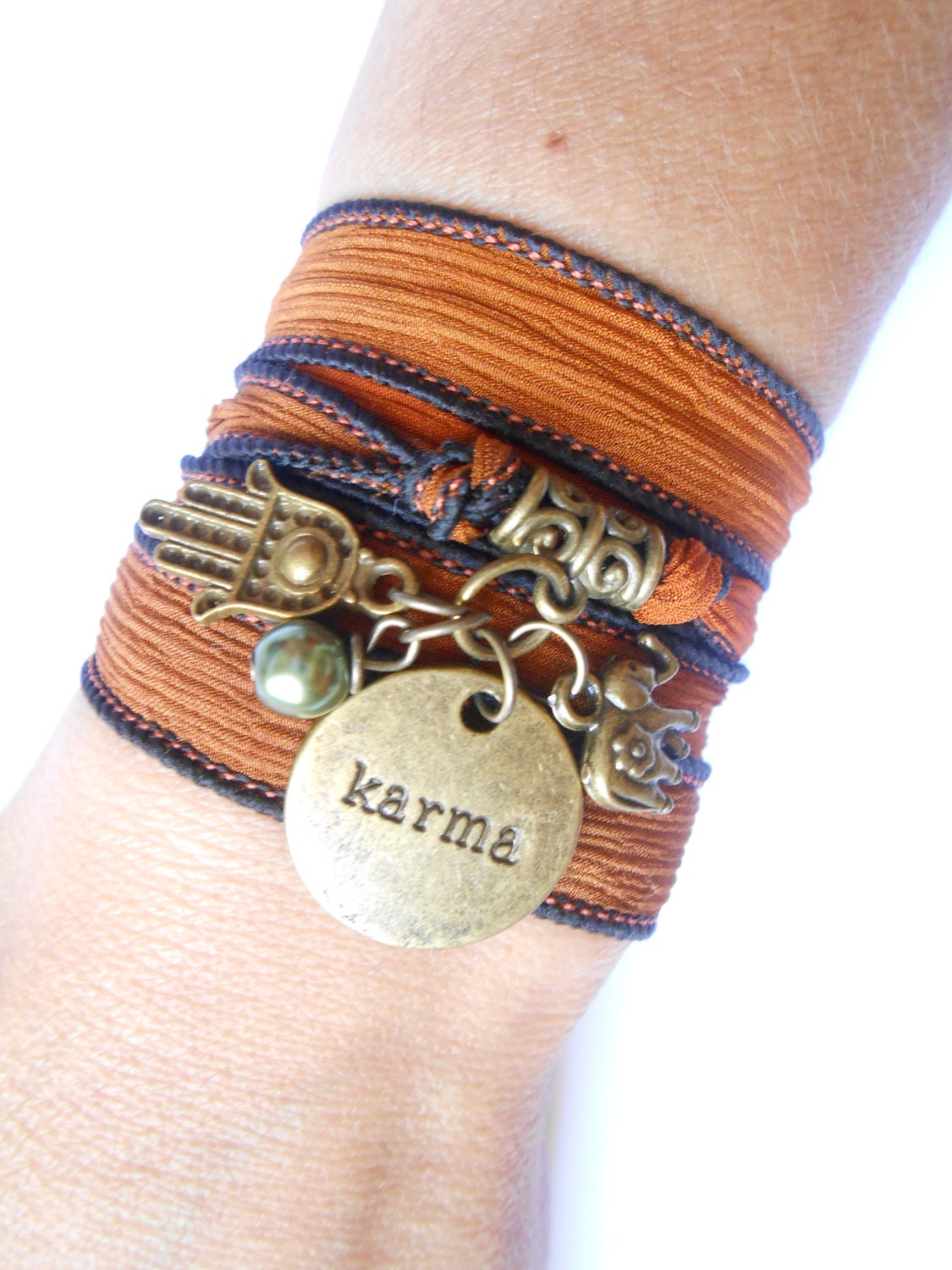 Yoga Karma Hamsa Silk wrap bracelet Bohemian Lucky bracelet Elephant Jewelry Spiritual hand dyed silk ribbon bracelet Birthday Unique Gift