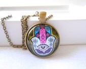 Hamsa vintage necklace Yoga jewelry Judaic Glass Pendant  Mothers day gift Evil eye jewelry Judaic necklace Picture pendant Gift for her