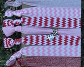 7 Pack Valentine's Day Heart Charm Red Pink Glitter Chevron Knot Hair Ties Stretch Fold Over Elastic PonyTail Holder Bracelet