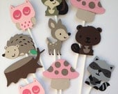 Set Of 12 Girly Woodland Animal Cupcake Toppers,Birthday,Baby Shower,Forest Friends,Fox,Fawn, Owl,Squirrel,Raccoon,Skunk,Hedgehog,Beaver