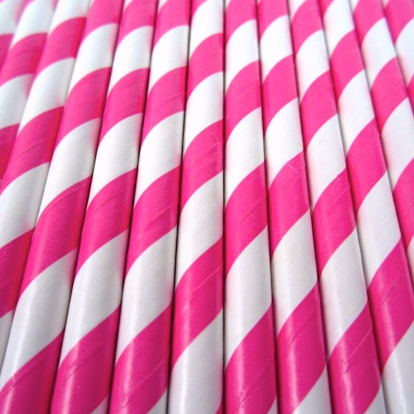 25 Hot PINK and WHITE Striped Paper Straws with Party Flags - Cake Accessory Lollipop Sticks - Baking Craft Party Supplies Il_170x135