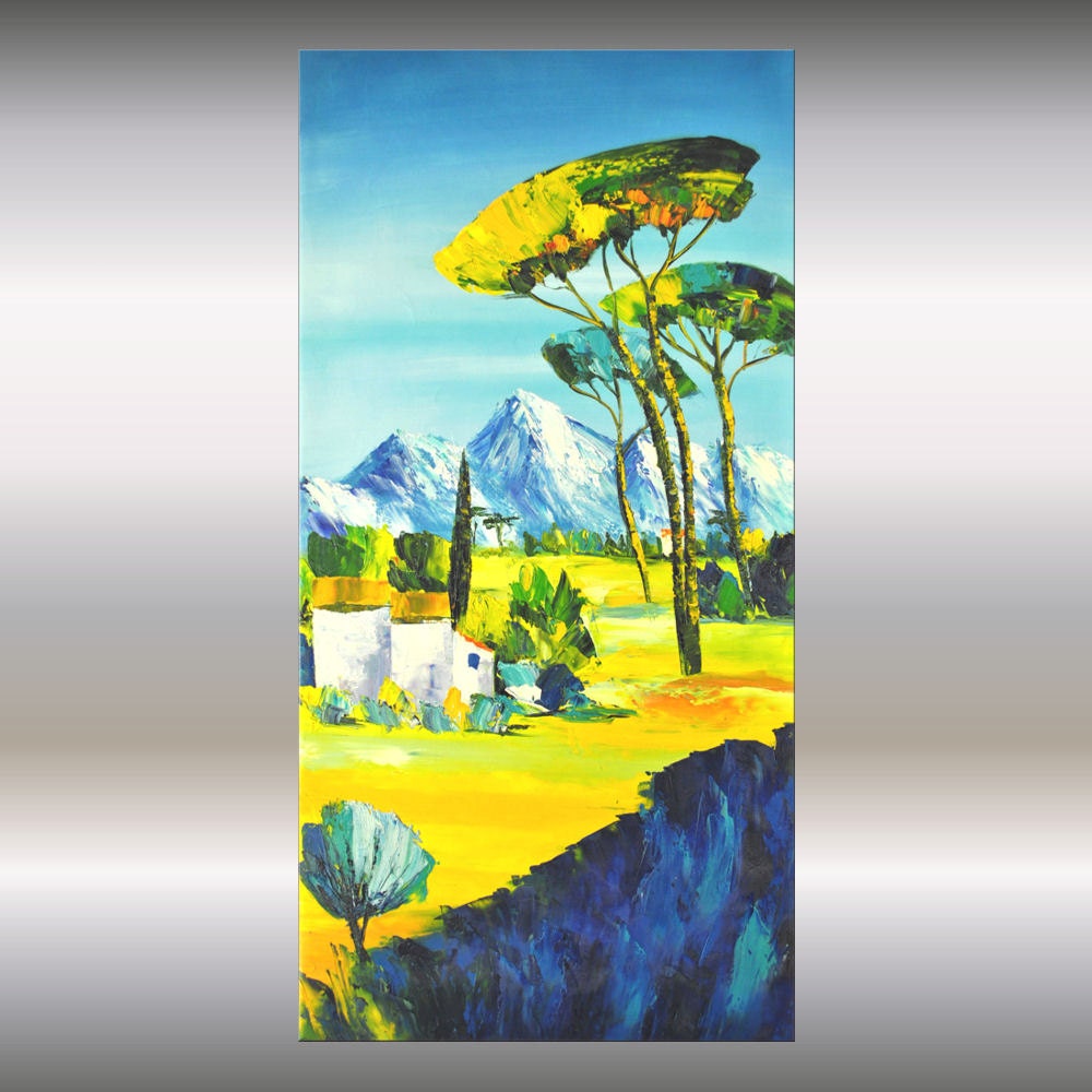 Abstract Painting 40" tree painting oil modern art fine art contemporary ochra turquoise landscape painting by Ettis Gallery