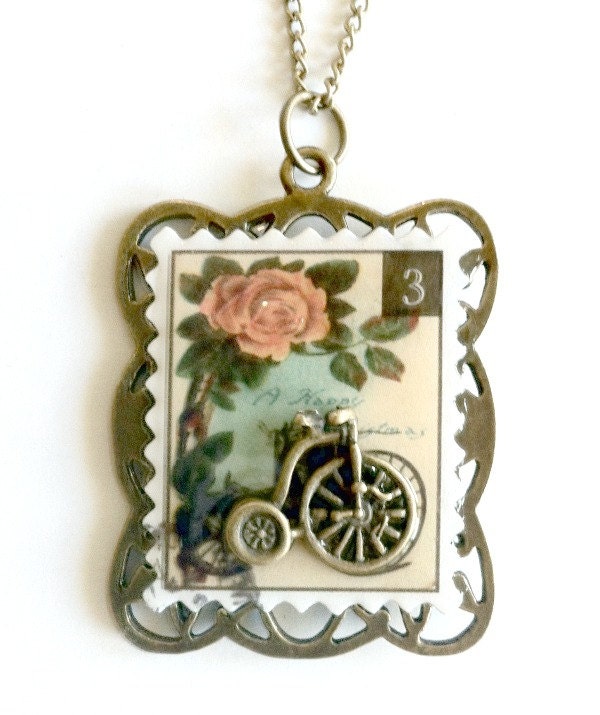 Postage Stamp Necklace with Penny Farthing Bicycle Handmade Graduation Gift Free US Shipping