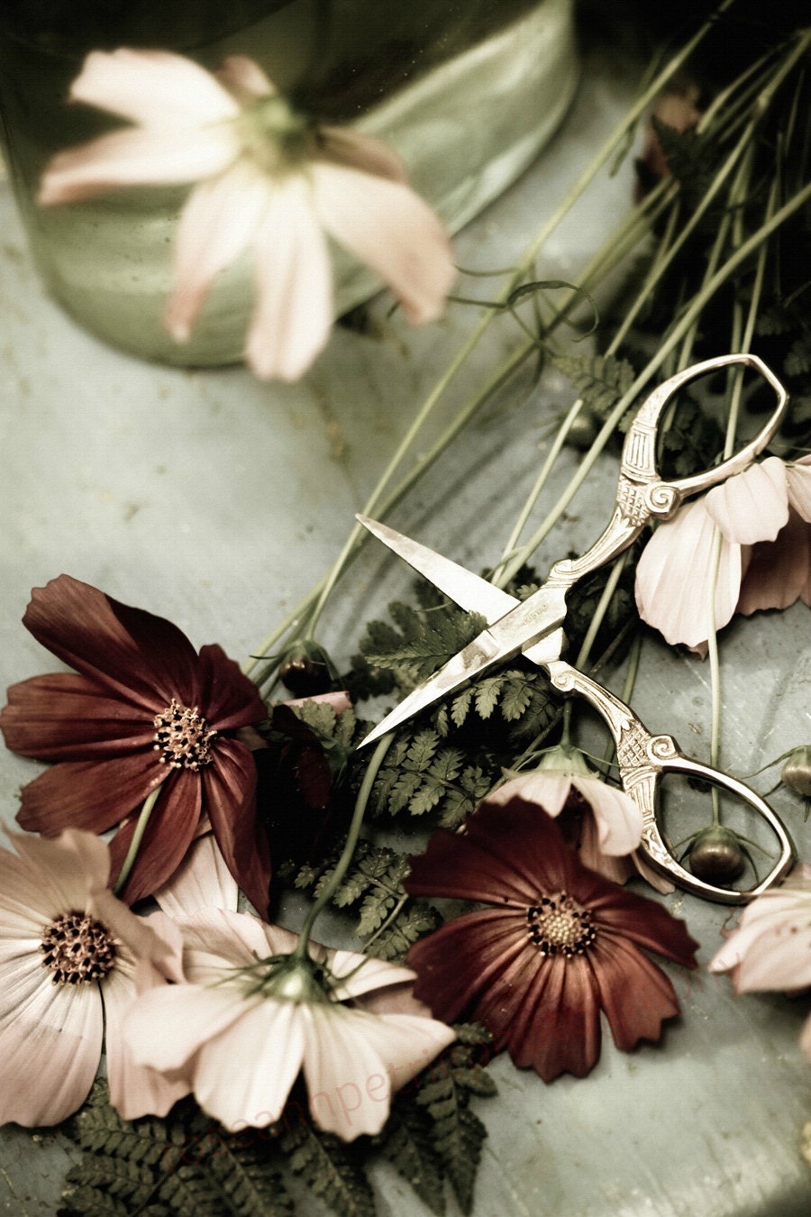12x18", Cut Wildflowers, Cottage Chic, Autumn, Rust, Pink, Green, Garden Inspired..Fine Art Photography - FrameOnYou
