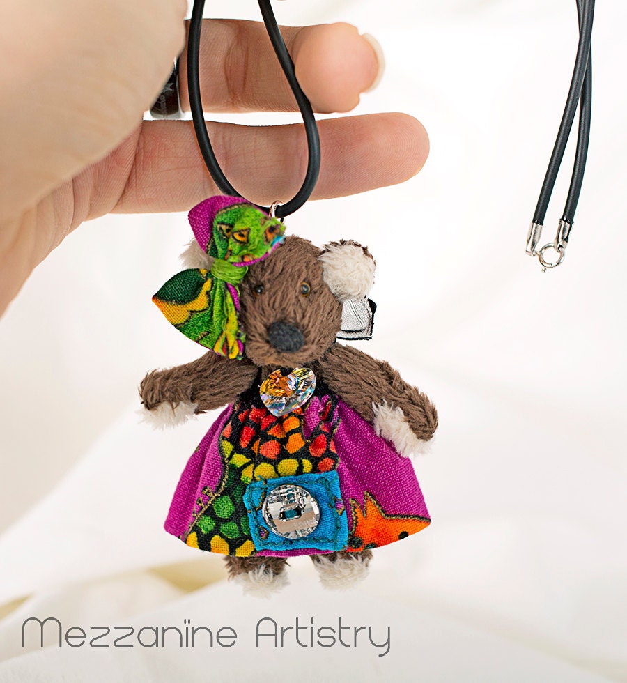 Cute unique miniature bear necklace key chain decorated with Swarovski crystals, sterling silver clasp rubber cord included
