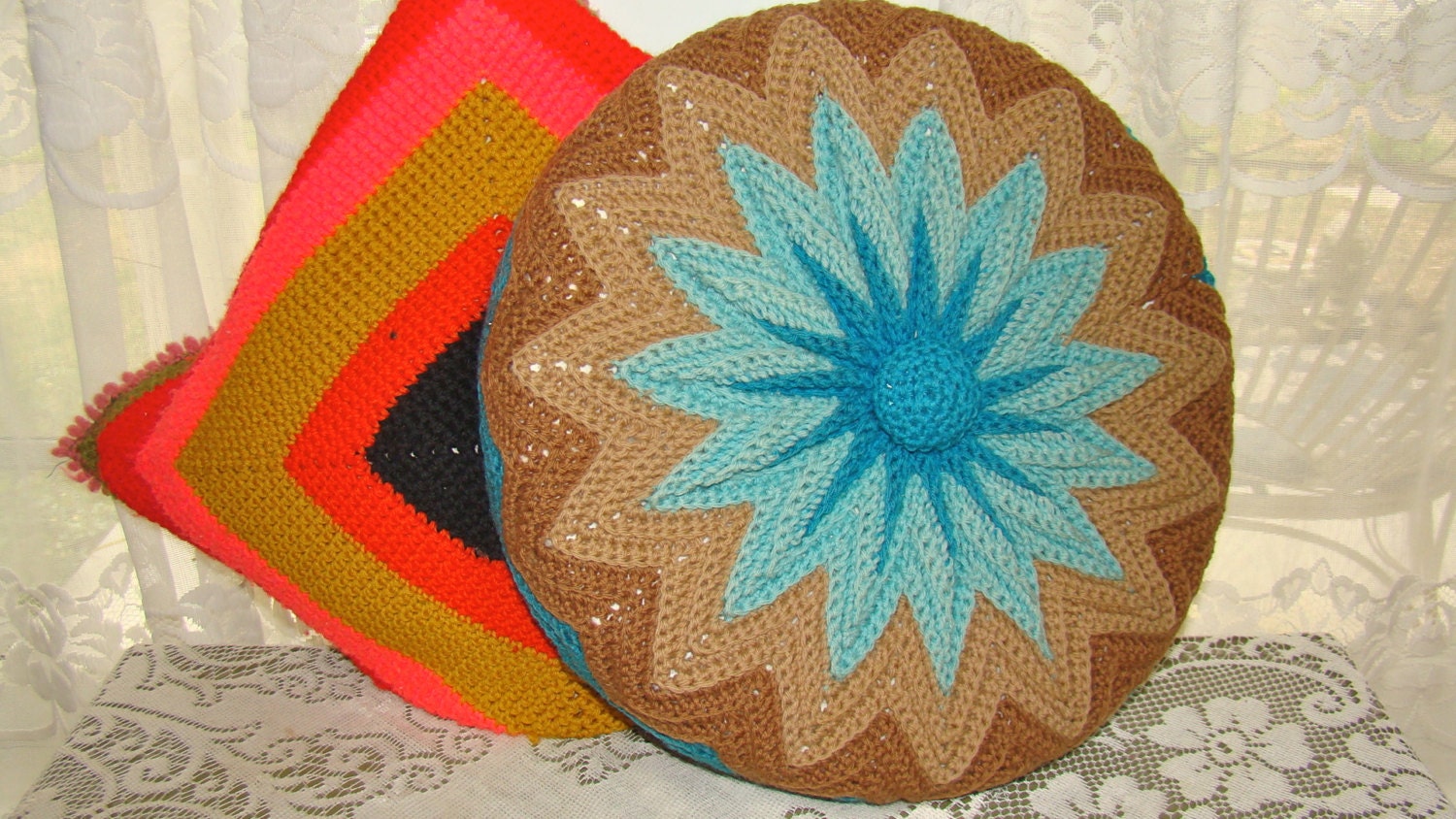 Vintage Round Crochet Pillow in Blues and Browns. Boho Cottage Sofa, Bed. Starburst, Chevron Stripes.