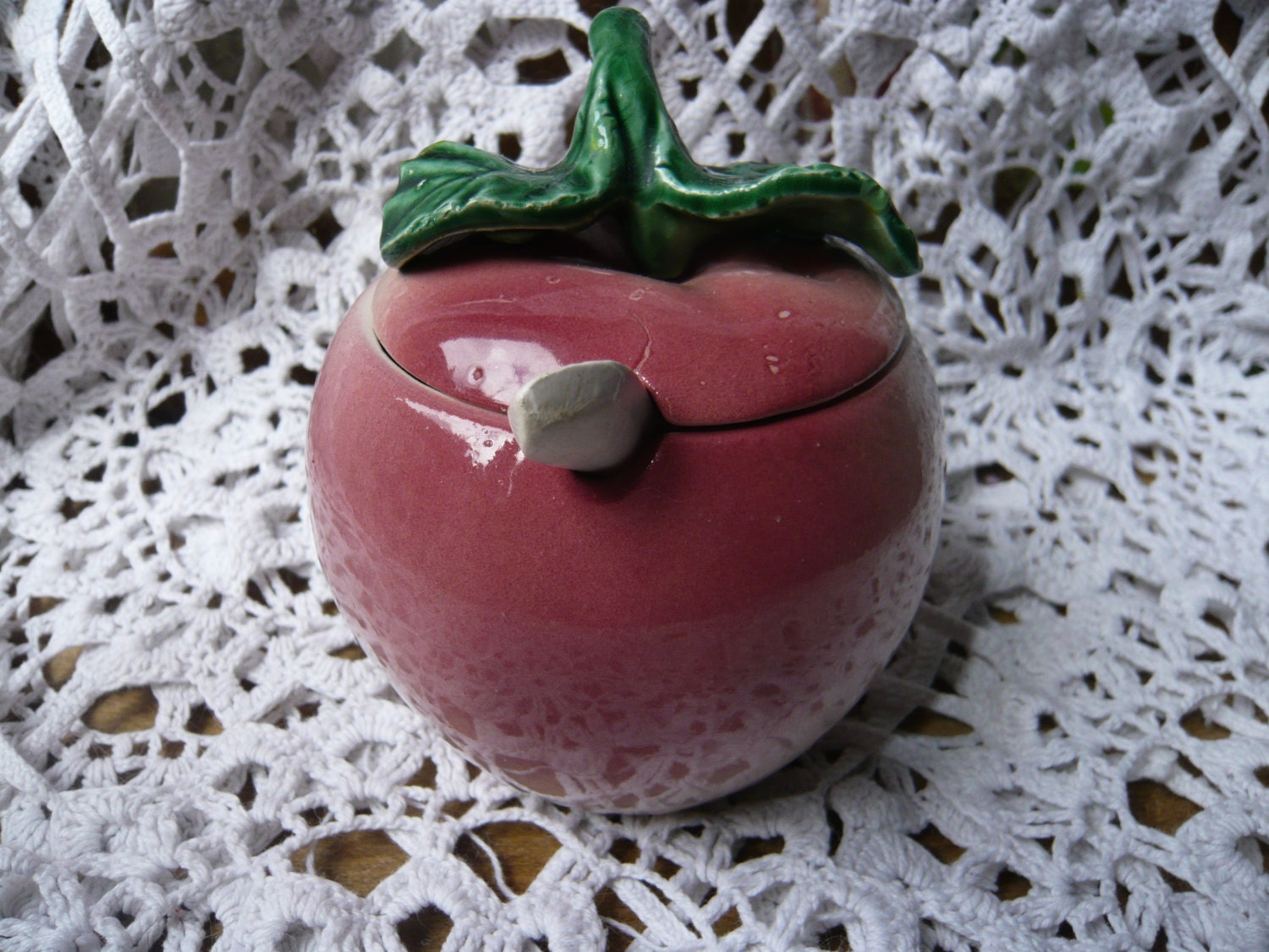 antique  french majolica,shabby chic mustard jar with an apple shape,pink,green with its little spoon from 1930'