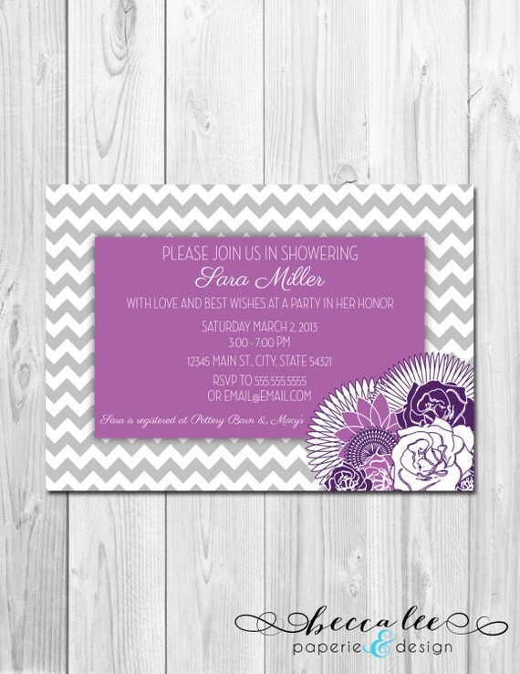 Bridal Shower Invitation Chevron Stripes & Floral - Purple, Grey - DIY - Printable Il_570xn