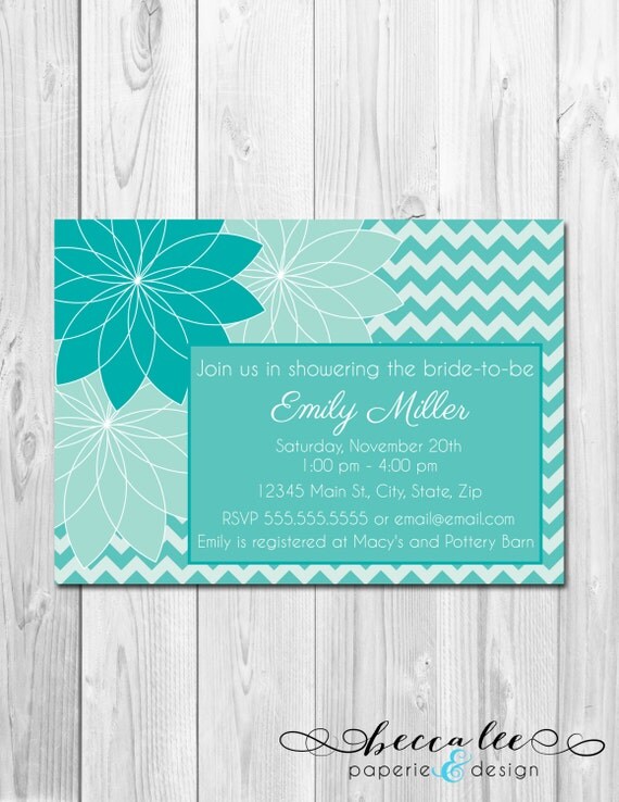 Bridal Shower, Baby Shower, Birthday Invitation Chevron Stripes & Floral - Shades of Tiffany Blue - DIY - Printable Il_570xn