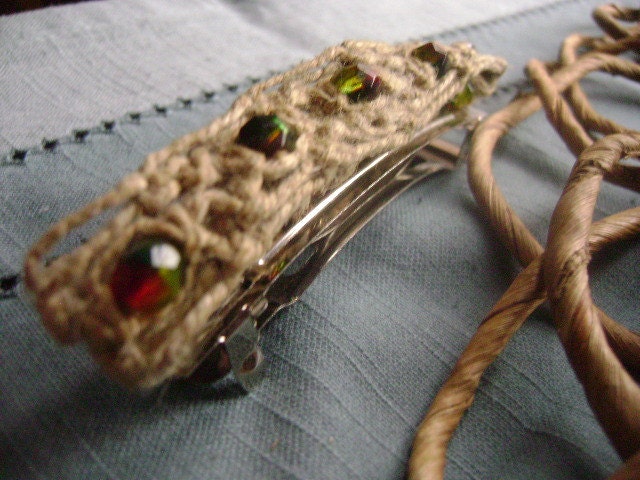 Beaded Hemp Barrette- Upcycled- Vegan-Ethnic- Hair Accessory- Boho - Hippie