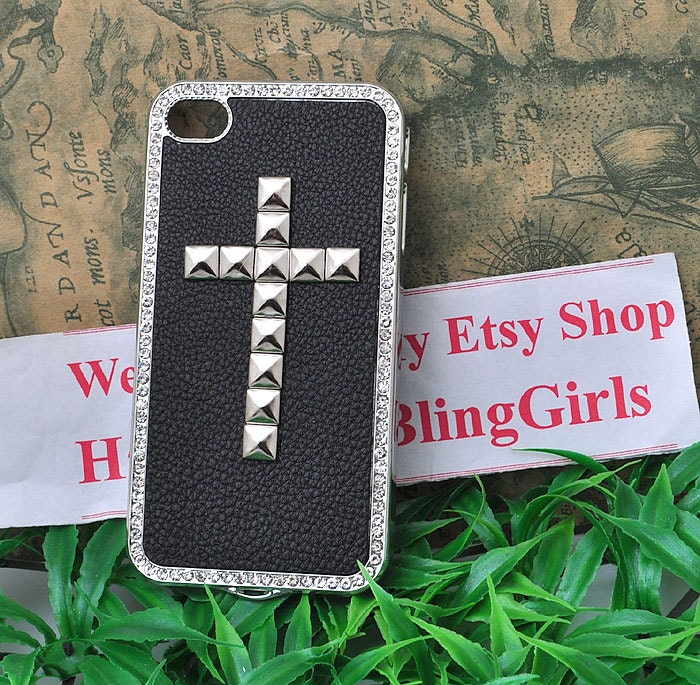 Silver metal rivet  studs cross black leather case for iphone 4 or 4S protective cover handmade